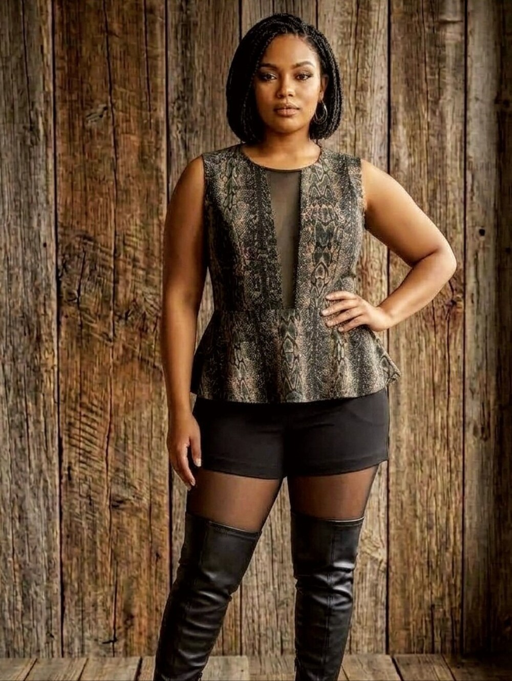 MBLM by Le Château Snakeskin Mesh Panel Sleeveless Peplum Top - Size 1X